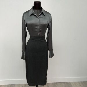 Charcoal Satin Blouse & High-Waisted Pencil Skirt Set | Business Chic Look